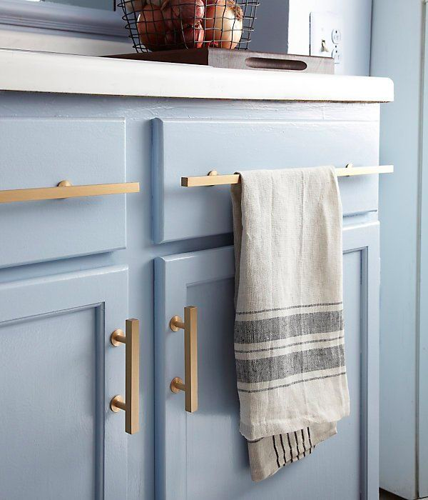 Blue Cabinets with Brass Handles