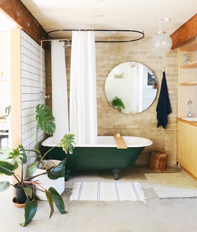 Open Bathroom With Bare Mirror, Old-Fashioned Bathtub, and Natural Plants