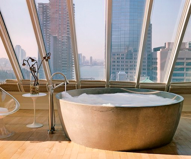 Penthouse Bathroom With 360 Degree Windows and Cityscape View