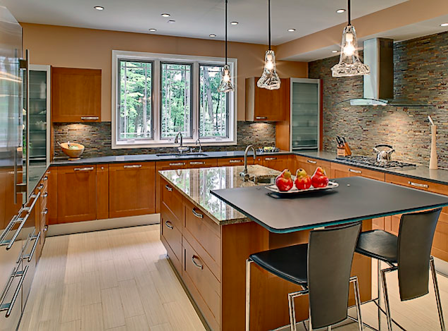 Transitional Kitchen with Bold Hanging Light Fixtures