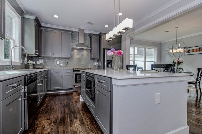 Shaker Gray kitchen cabinets in a finished kitchen